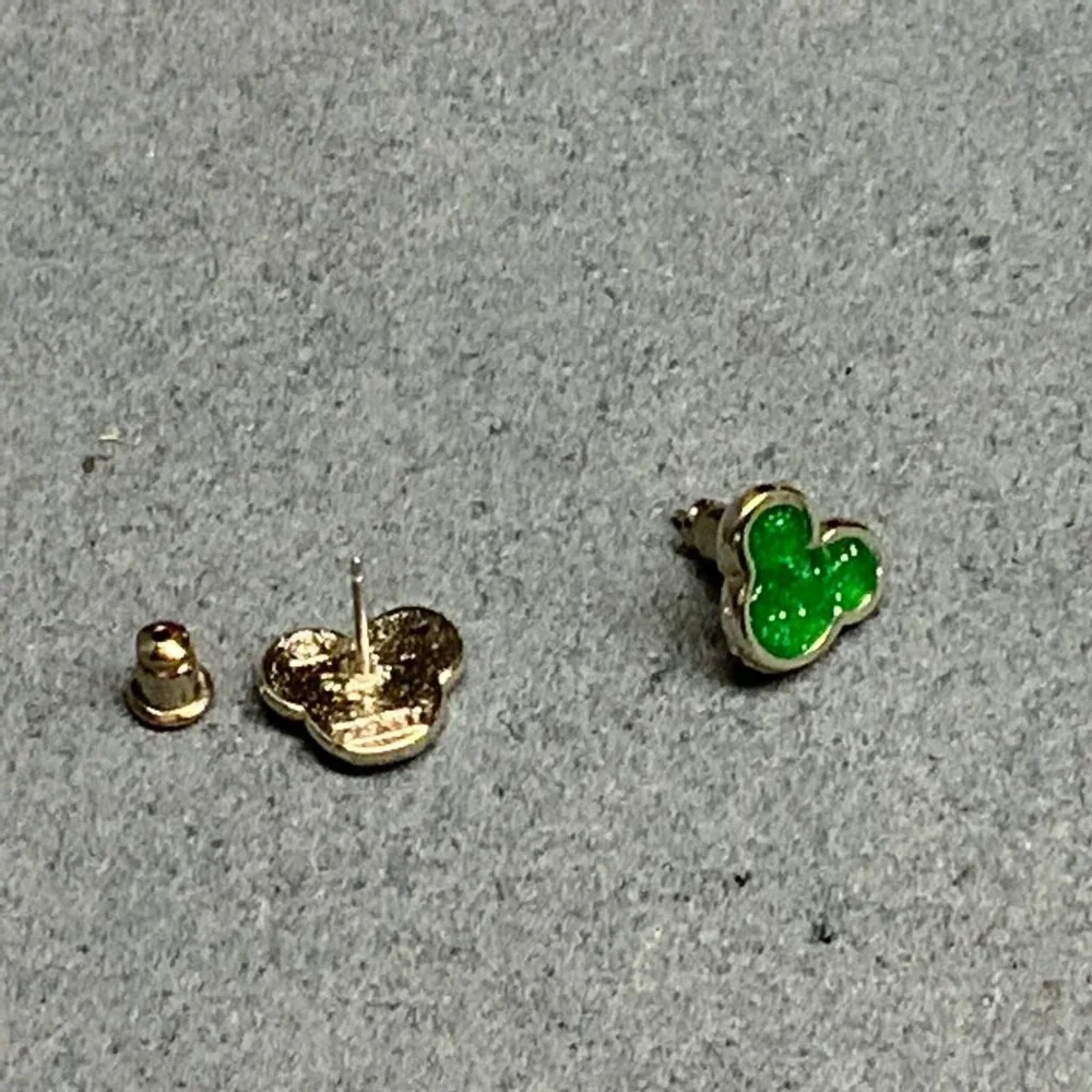 Disney Pierced Stud Earrings 0.5 In Mickey Mouse Ears Silver Green Sparkly Glam - Picture 4 of 6
